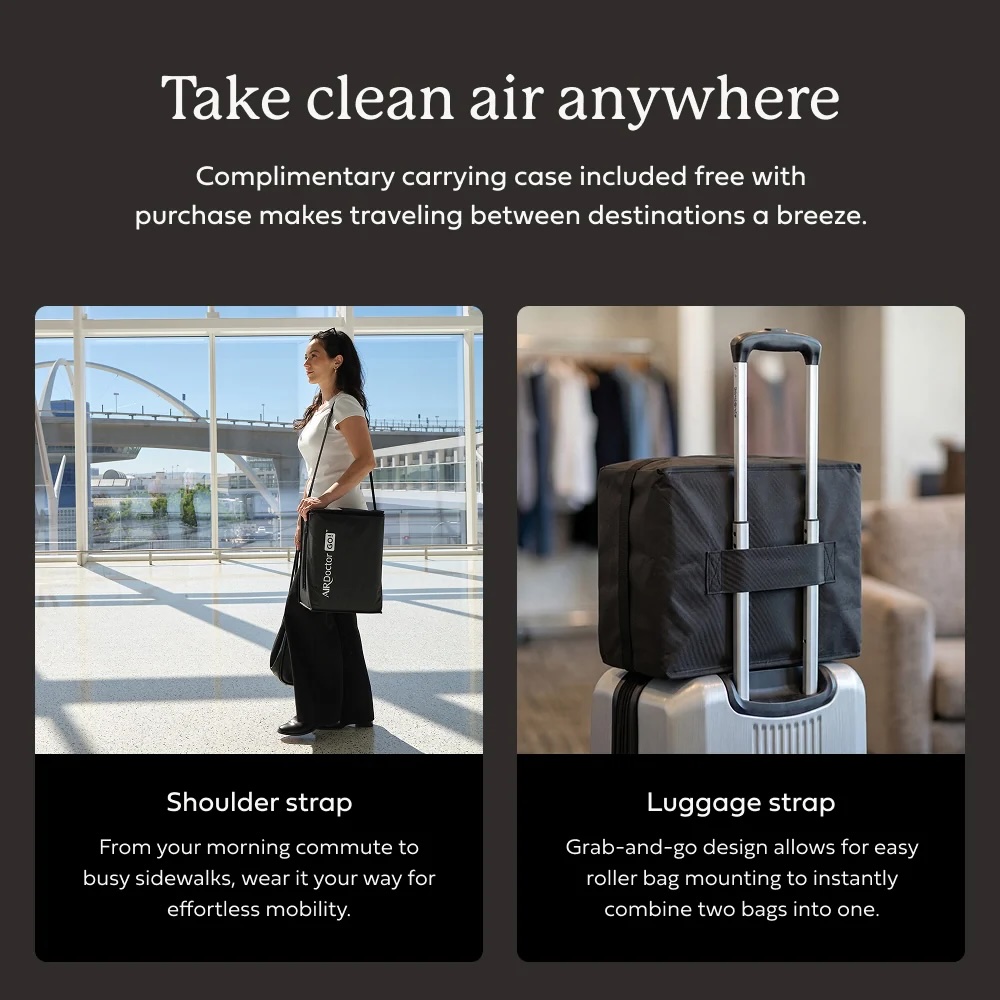 AirDoctor GO complimentary sleeve with shoulder strap and roller-luggage strap AirDoctor GO complimentary sleeve with shoulder strap and roller-luggage strap